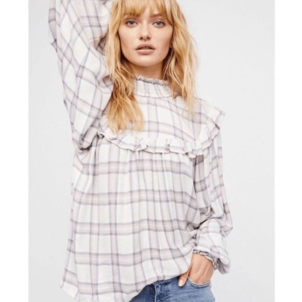 Free People Cream and Lavender Plaid Ruffled Blouse